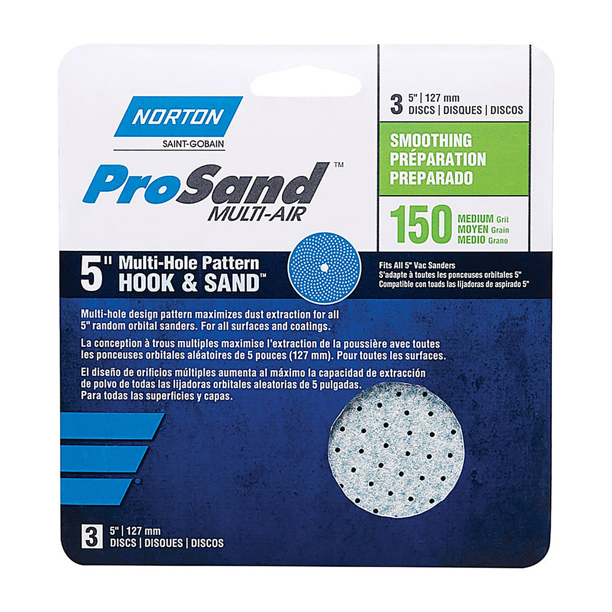 Norton 7660703229 ProSand 5 in. Ceramic Alumina Hook and Loop A975 Sanding Disc 150 Grit Fine 3/Pack
