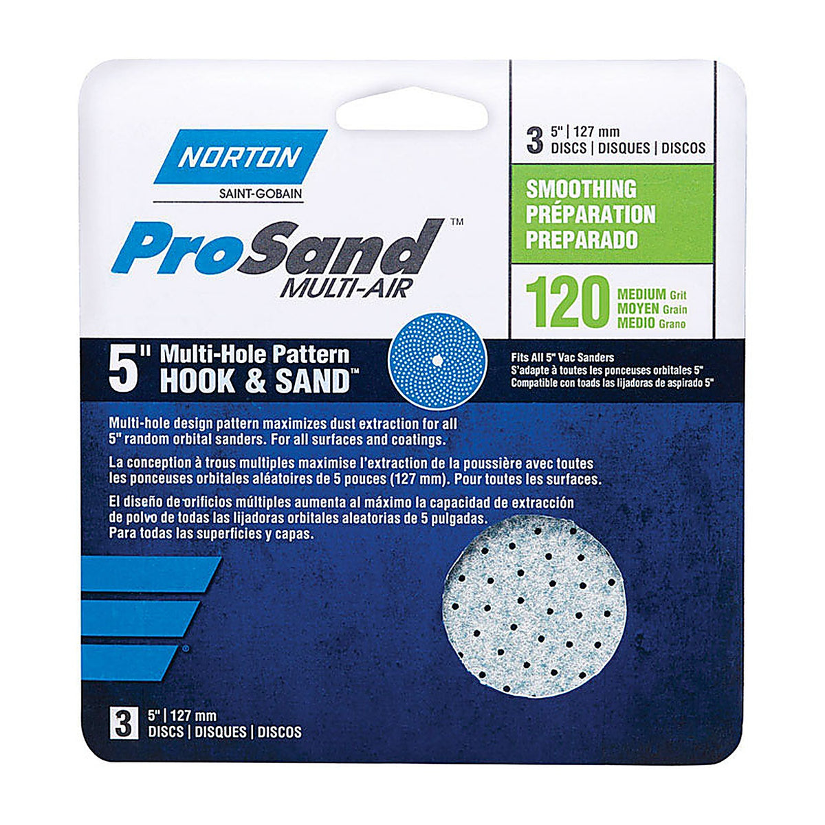Norton 7660703230 ProSand 5 in. Ceramic Alumina Hook and Loop A975 Sanding Disc 120 Grit Medium 3/Pack