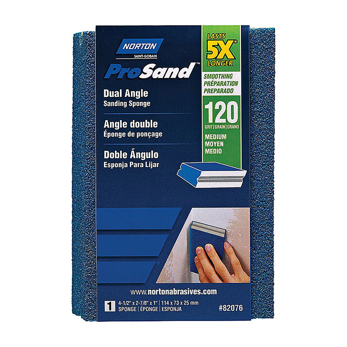 Norton 7660782076 ProSand 4.5 in. L x 2.88 in. W x 1 in. 120 Grit Medium Dual Angle Sanding Sponge