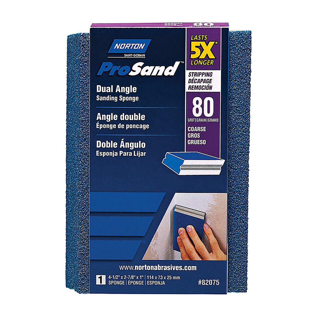 Norton 7660782075 ProSand 4.5 in. L x 2.88 in. W x 1 in. 80 Grit Coarse Dual Angle Sanding Sponge