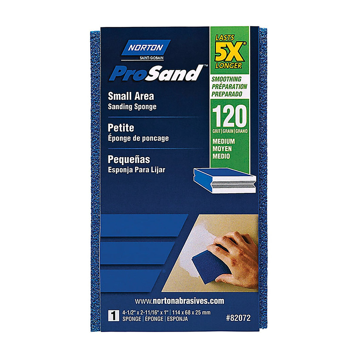 Norton 7660782072 ProSand 4.5 in. L x 2.69 in. W x 1 in. 120 Grit Medium Small Area Sanding Sponge