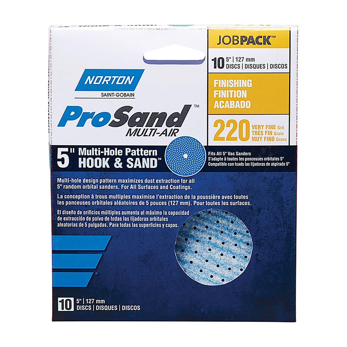 Norton 7660703218 ProSand 5 in. Ceramic Alumina Hook and Loop A975 Sanding Disc 220 Grit Very Fine 10/Pack