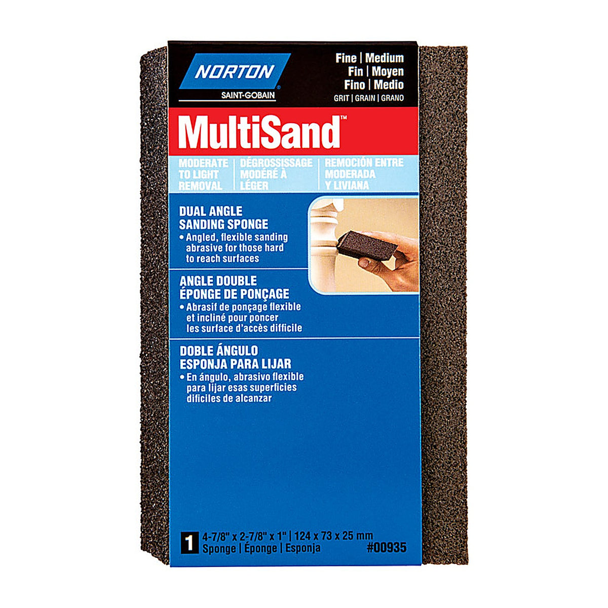 Norton 7660700935 4.875 in. L x 2.88 in. W x 1 in. 80/120 Grit Fine/Medium Dual Angle Sanding Sponge