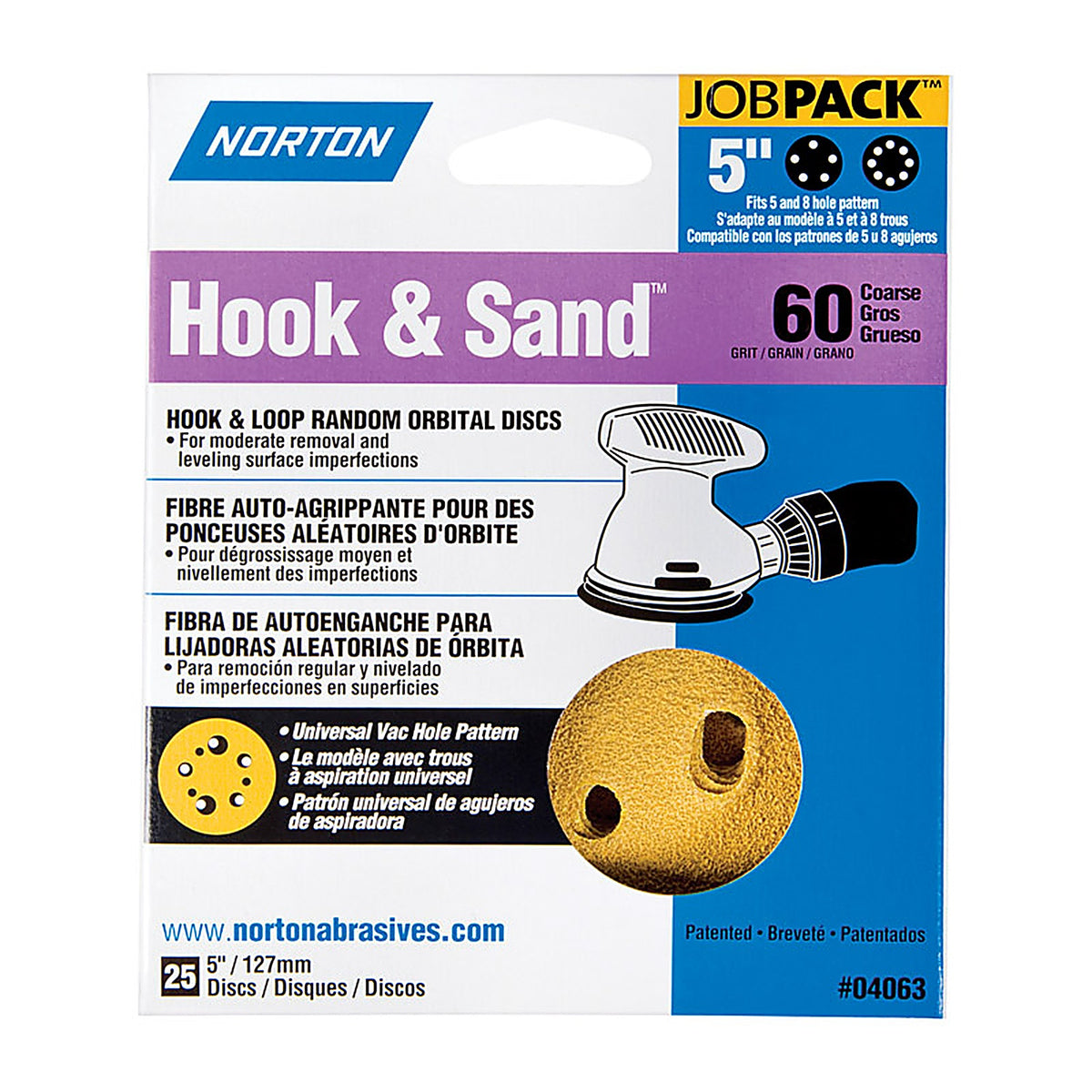 Norton 7660704063 Hook & Sand 5 in. Aluminum Oxide Hook and Loop A250/A290 Sanding Disc 60 Grit Coarse 25/Pack