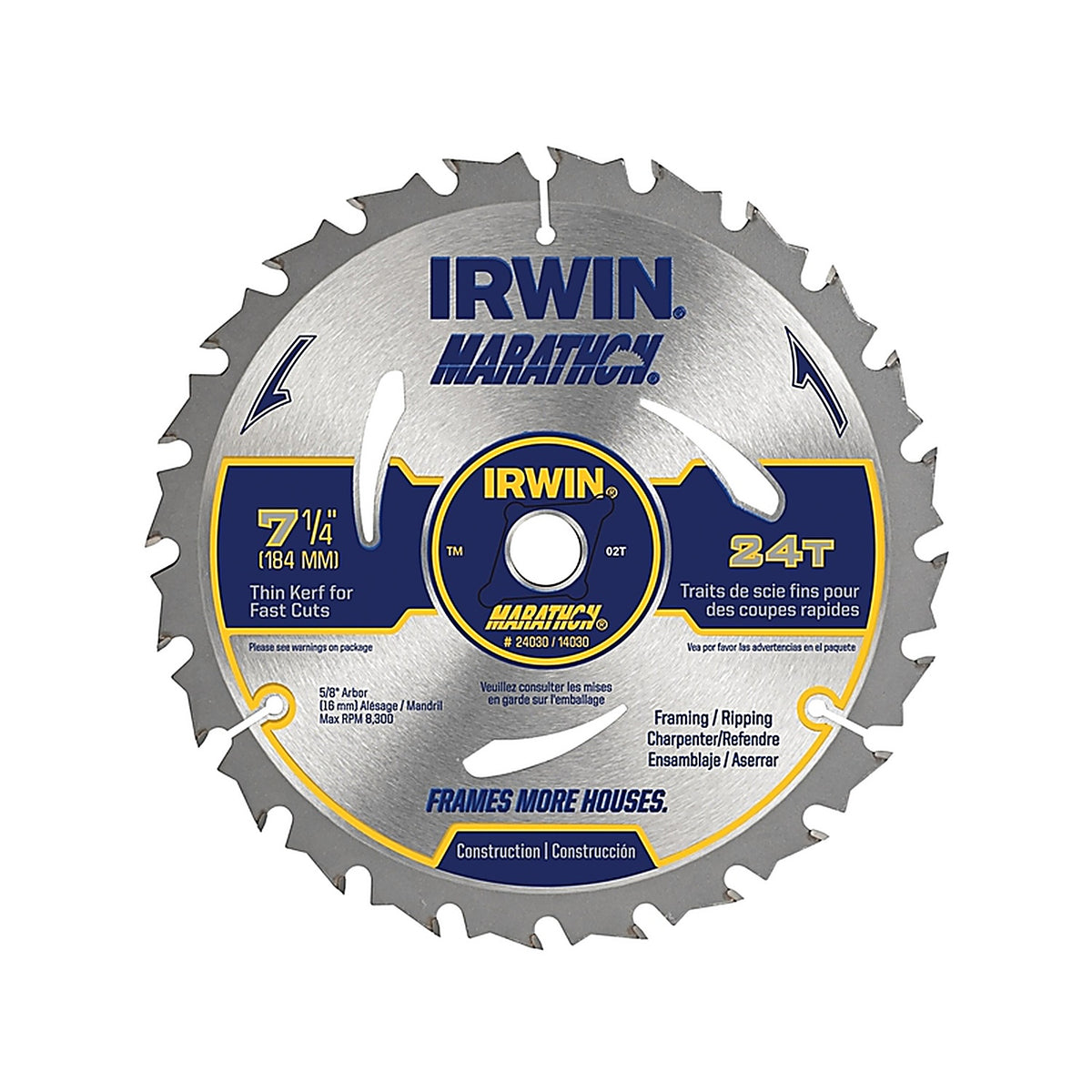 Irwin 24030 Marathon 7-1/4 in. Dia. x 5/8 in. Carbide Circular Saw Blade 24 teeth 1/Pack