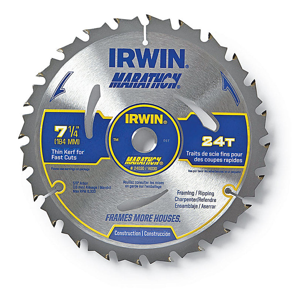Irwin 24030 Marathon 7-1/4 in. Dia. x 5/8 in. Carbide Circular Saw Blade 24 teeth 1/Pack