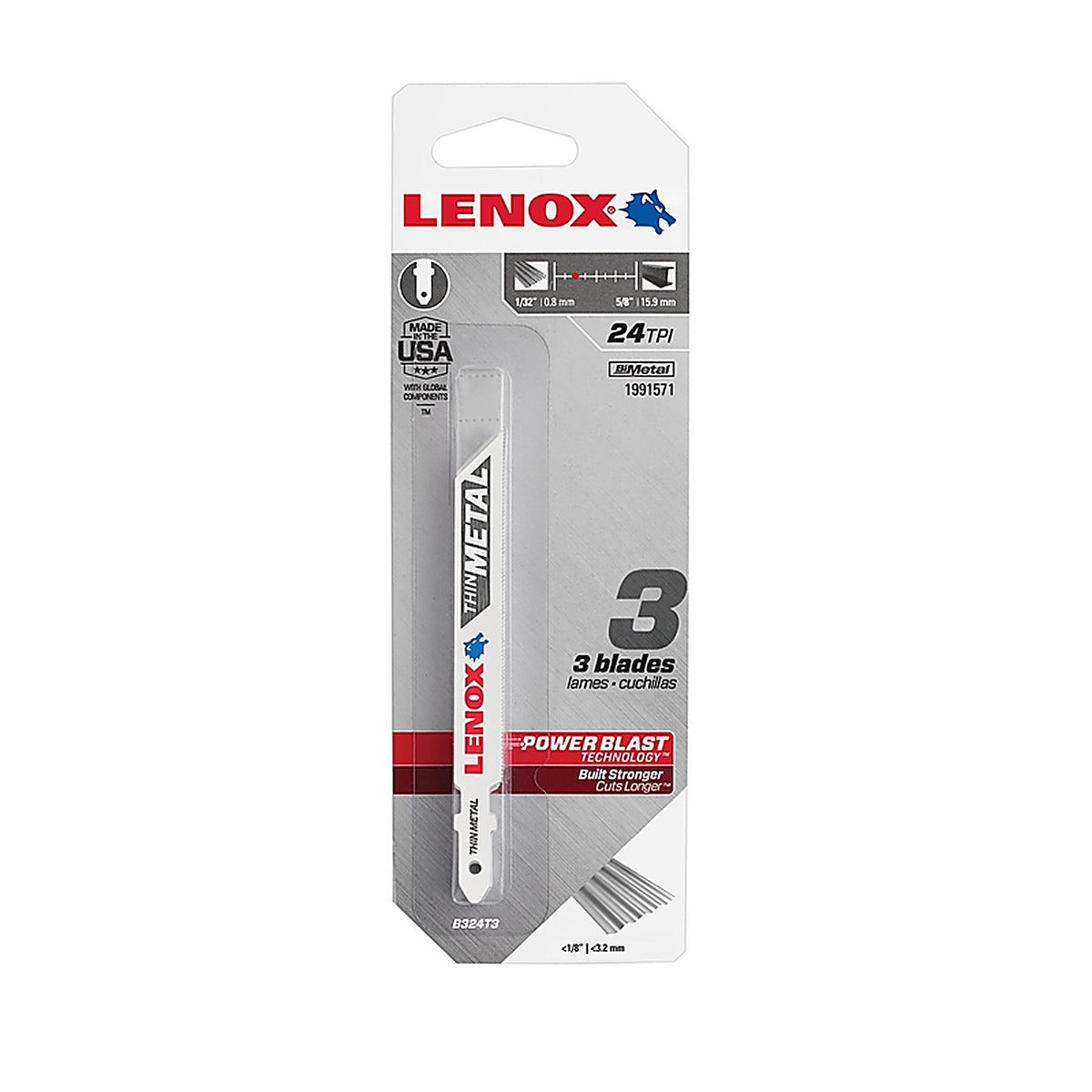 Lenox 1991571 3-5/8 in. Bi-Metal T-Shank Extra Thin Metal Jig Saw Blade 24 TPI 3/Pack