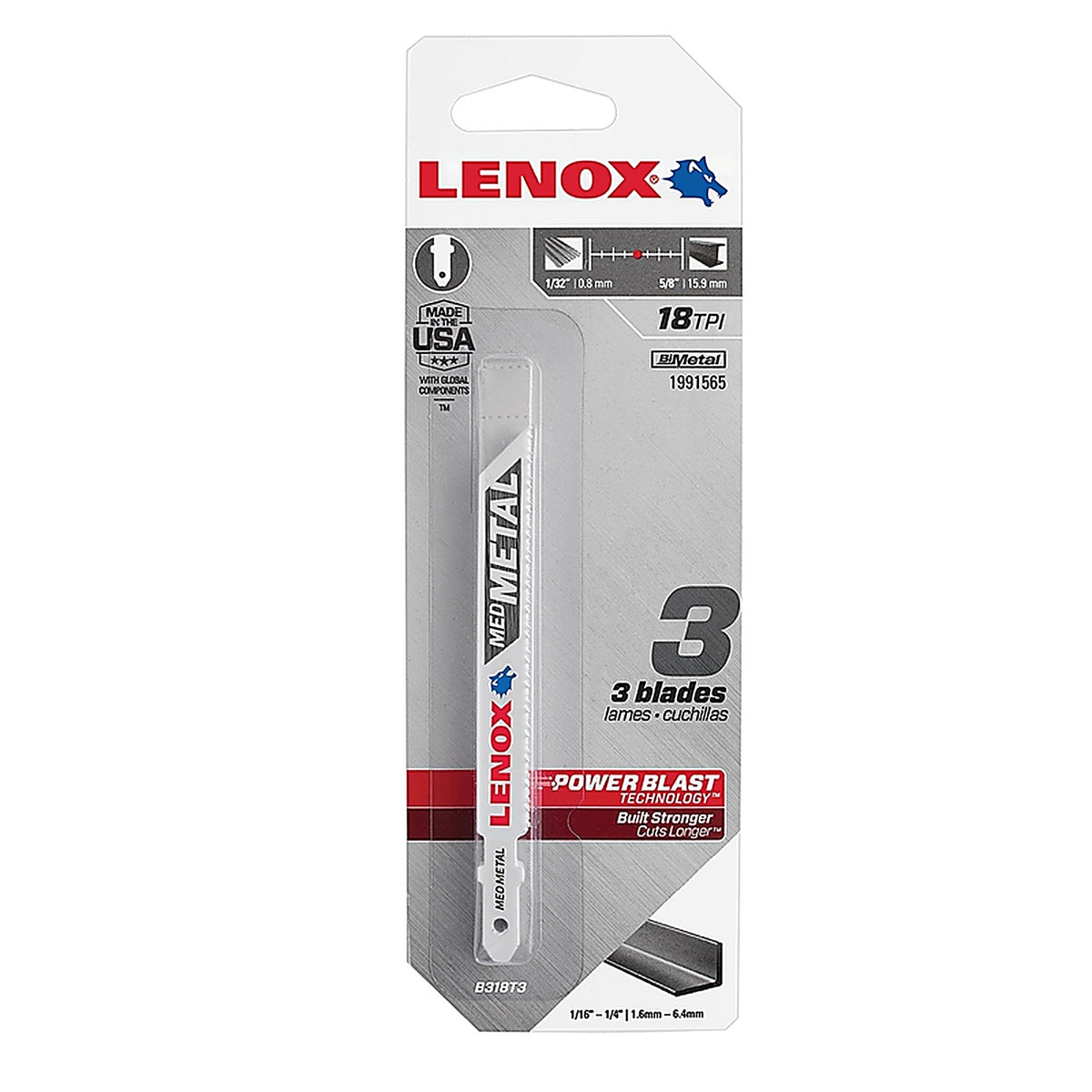 Lenox 1991565 3-5/8 in. Bi-Metal T-Shank Medium Metal Jig Saw Blade 18 TPI 3/Pack
