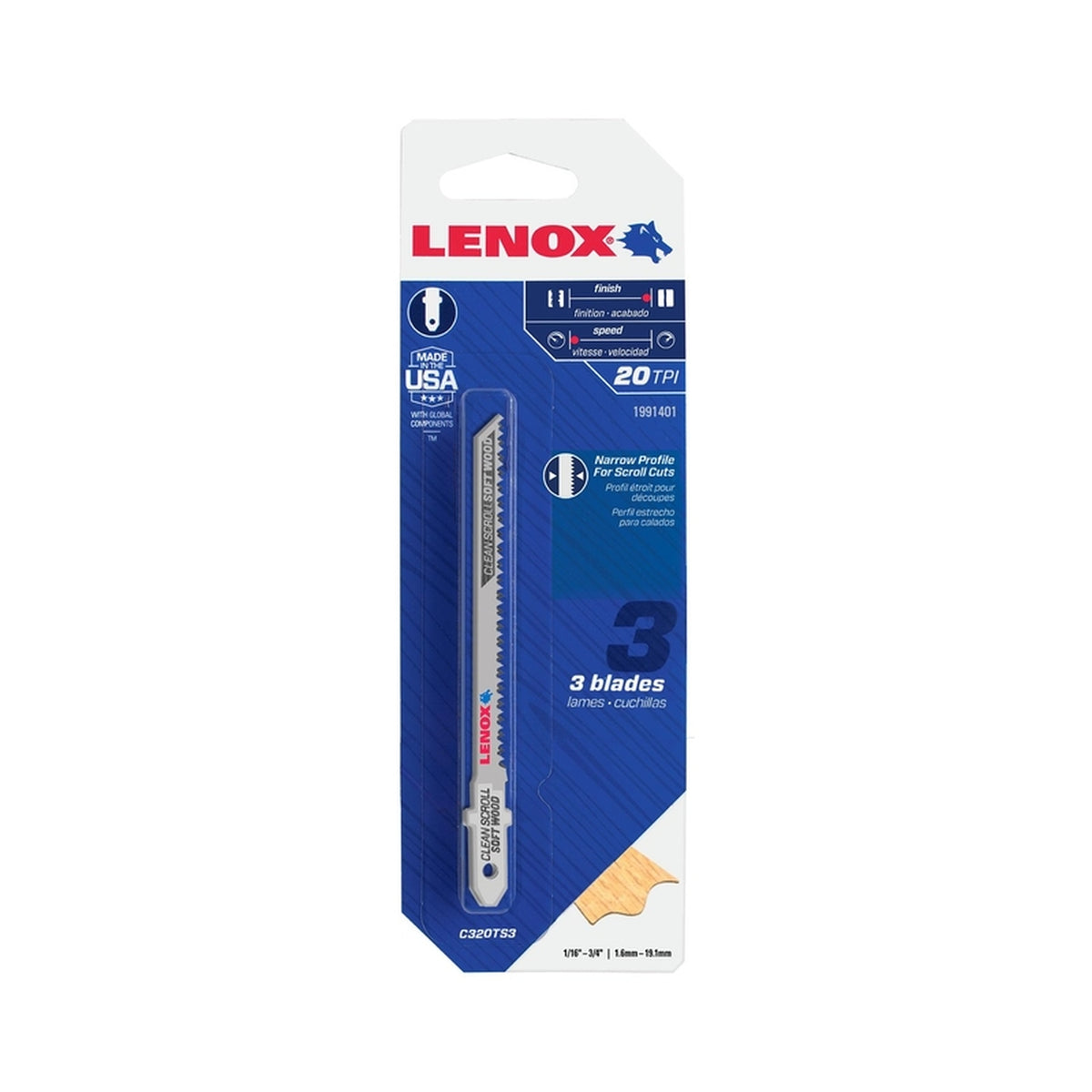 Lenox 1991401 3-1/2 in. Metal T-Shank Clean Scroll Jig Saw Blade 20 TPI 3/Pack