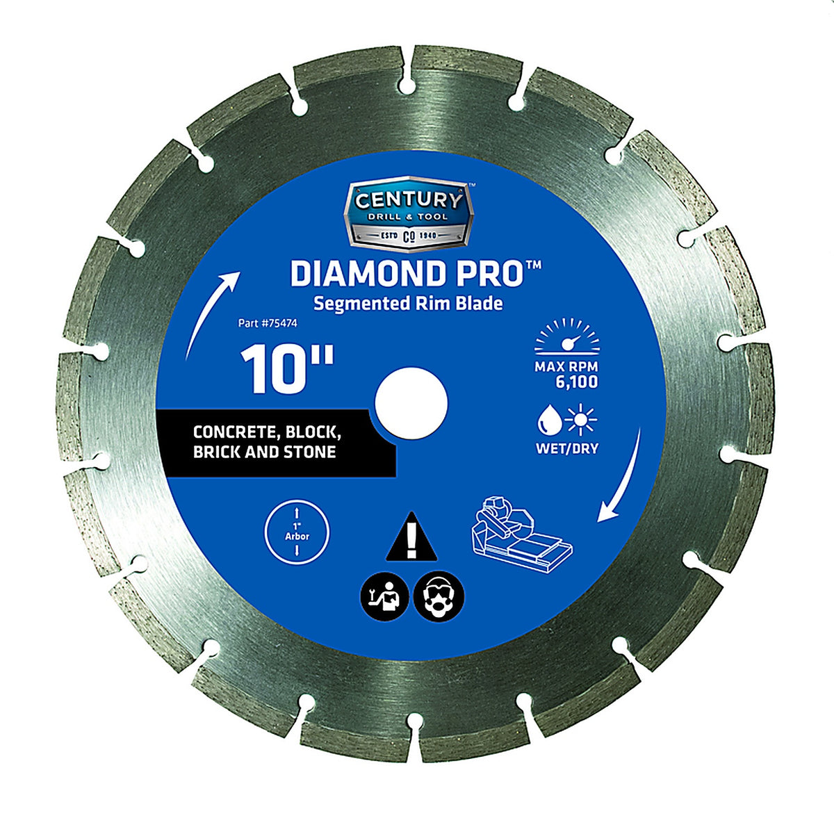 Century Drill & Tool 75474 10 in. Dia. x 1 in. Diamond Segmented Rim Diamond Saw Blade 1/Pack