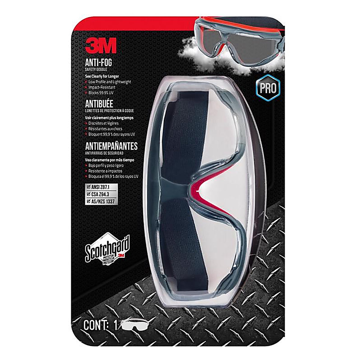 3M 47212H1-VDC Scotchgard Anti-Fog Modern/Sleek Safety Goggles Clear Lens Gray/Red Frame 1/pc.