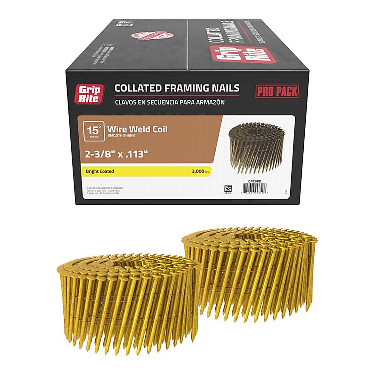 Grip-Rite GRC8PD 2-3/8 in. Angled Strip Framing Nails 15 deg. Smooth Shank 3000/Pack