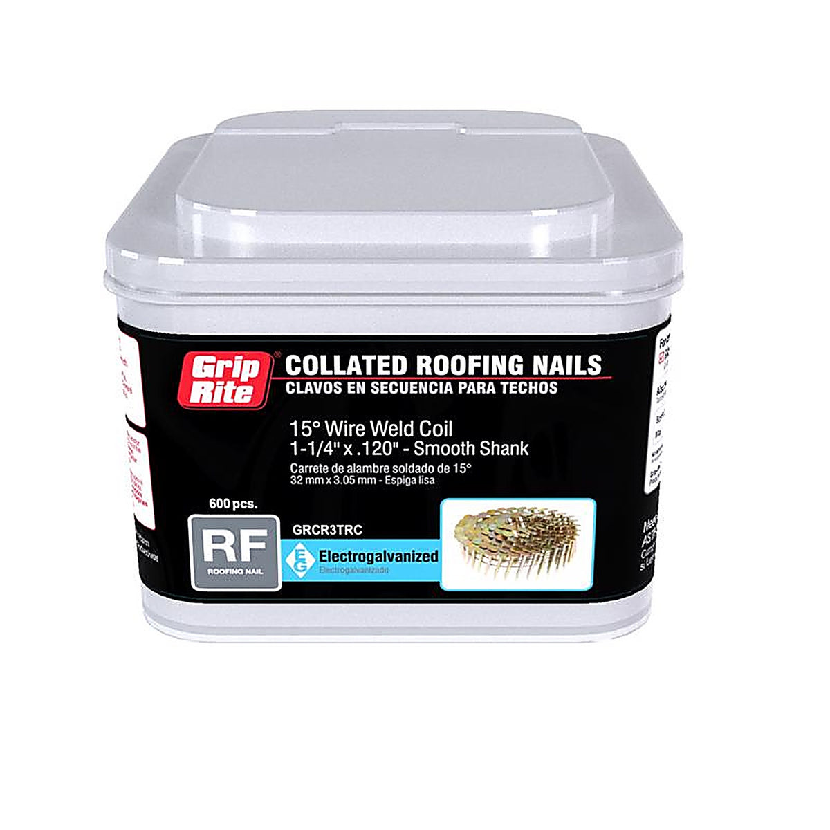 Grip-Rite GRCR3TRC 1-1/4 in. 11 Ga. Angled Strip Roofing Nails 15 deg. Smooth Shank 600/Pack
