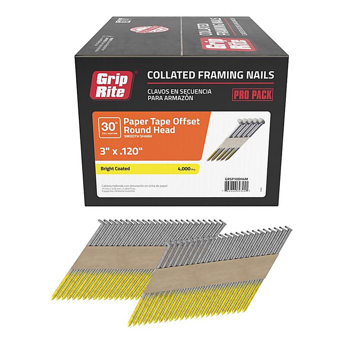 Grip-Rite GRSP10DH4M 3 in. 12 Ga. Angled Strip Framing Nails 30 deg. Smooth Shank 4000/Pack