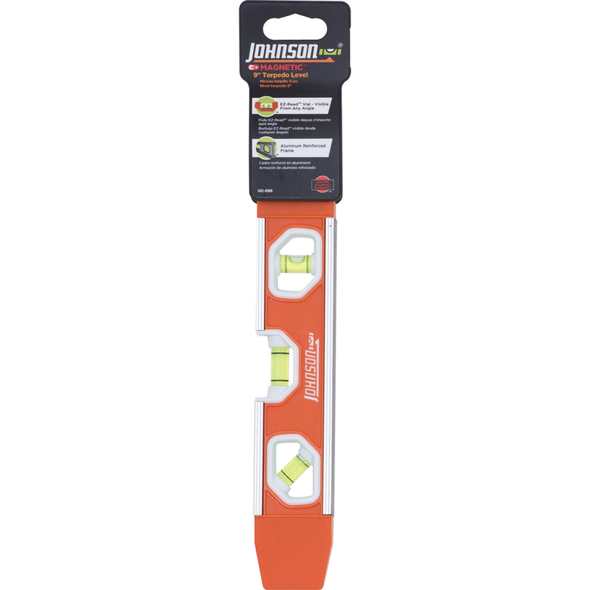 Johnson 1412-0900 9 in. Aluminum Magnetic Torpedo Level 3 vial