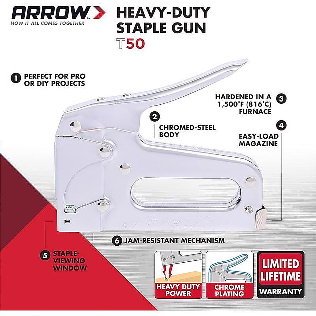 Arrow Fastener T50 Arrow Heavy Duty Flat Staple Gun Silver