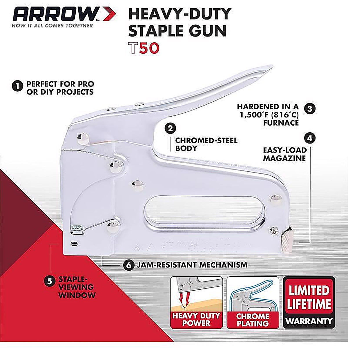 Arrow Fastener T50 Arrow Heavy Duty Flat Staple Gun Silver