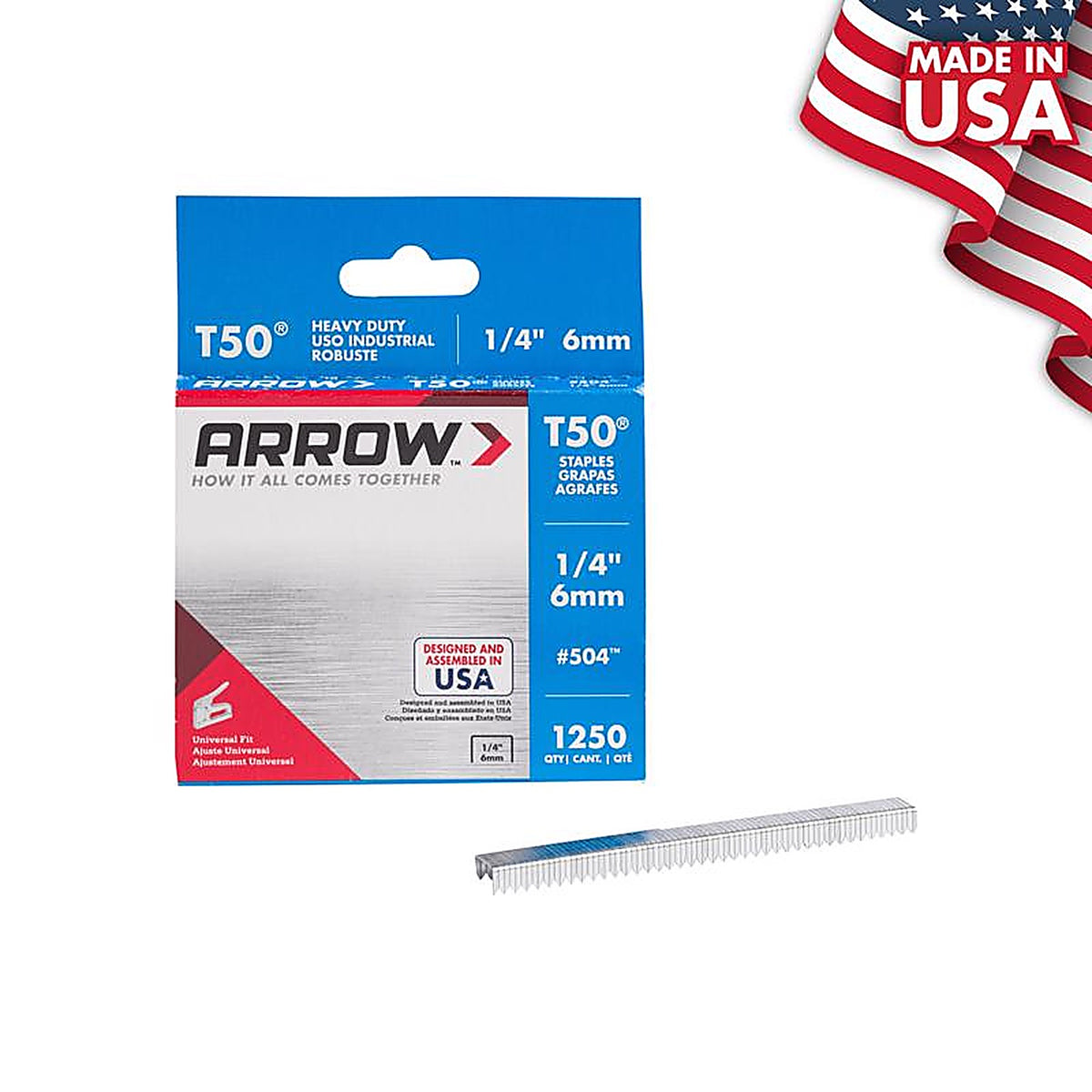 Arrow Fastener 50424 T50 3/8 in. W x 1/4 in. L 18 Ga. Wide Crown Heavy Duty Staples 1250/Pack