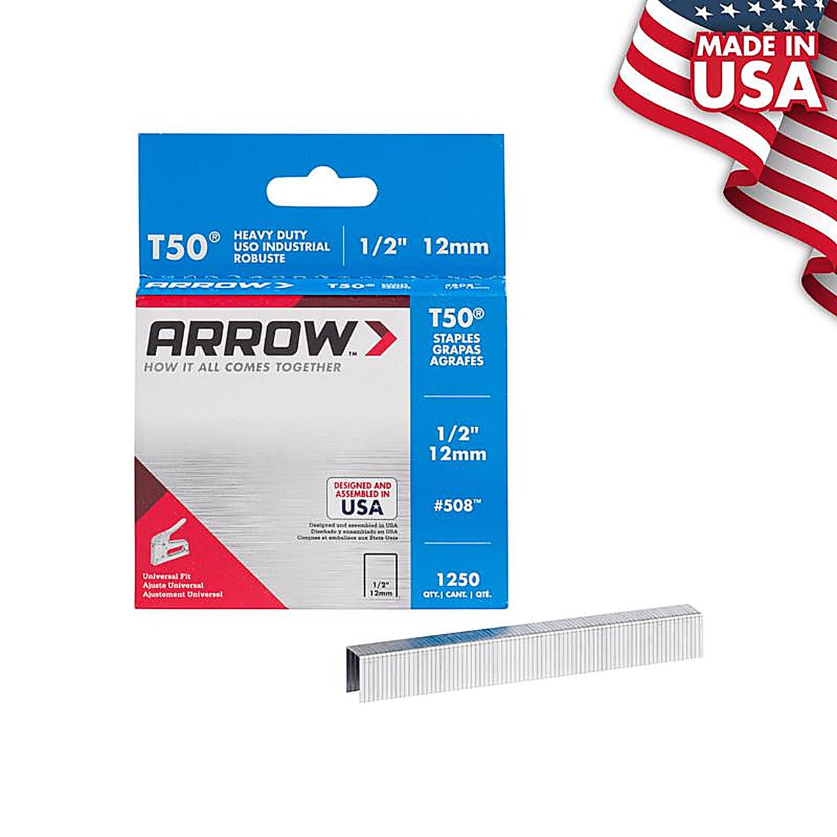 Arrow Fastener 50824 T50 3/8 in. W x 1/2 in. L 18 Ga. Flat Crown Heavy Duty Staples 1250/Pack