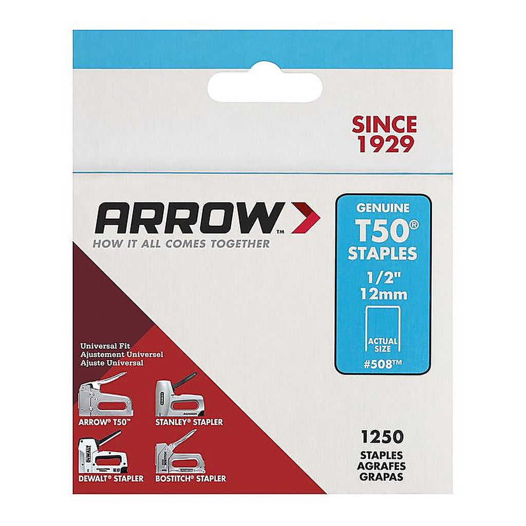 Arrow Fastener 50824 T50 3/8 in. W x 1/2 in. L 18 Ga. Flat Crown Heavy Duty Staples 1250/Pack