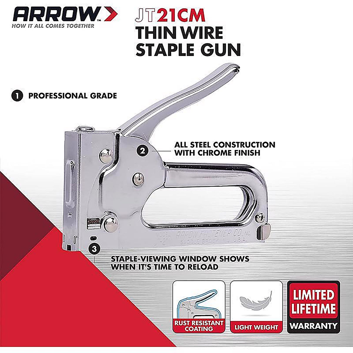 Arrow Fastener JT21CM 7/16 in. Narrow Staple Gun Silver