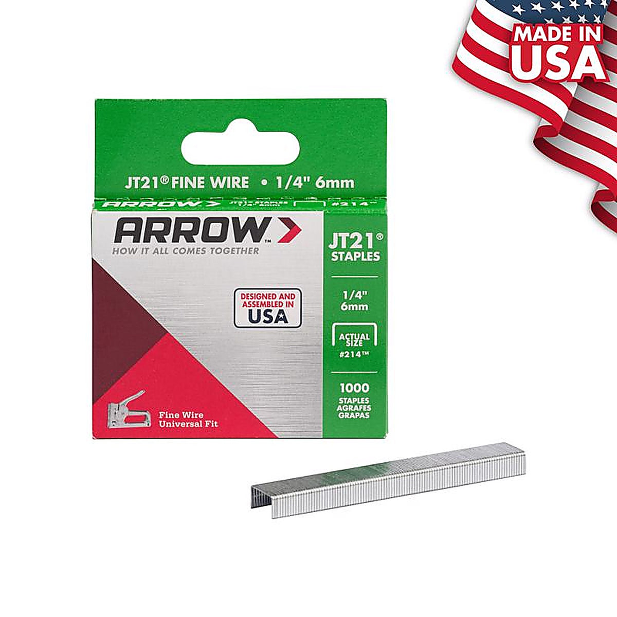 Arrow Fastener 214 #214 JT21 7/16 in. W x 1/4 in. L Flat Crown Fine Wire Staples 1000/Pack