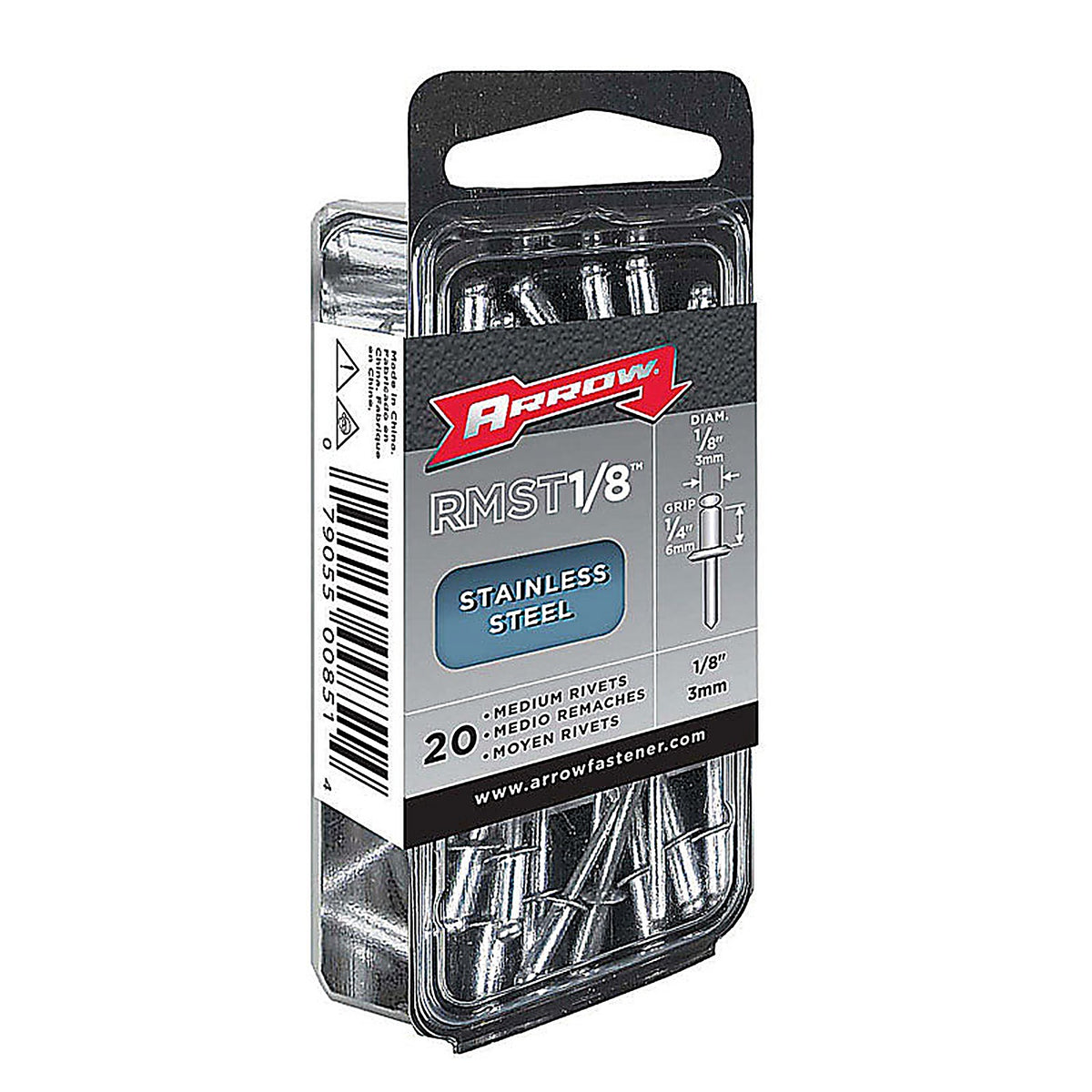 Arrow Fastener RMST 1/8 1/8 in. Dia. x 1/4 in. Stainless Steel Rivets Silver 20/Pack
