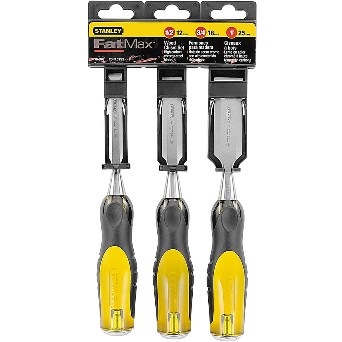 Stanley 16-970 FaxMax Thru-Tang Steel Wood Chisel Set Black/Yellow 3/Pack