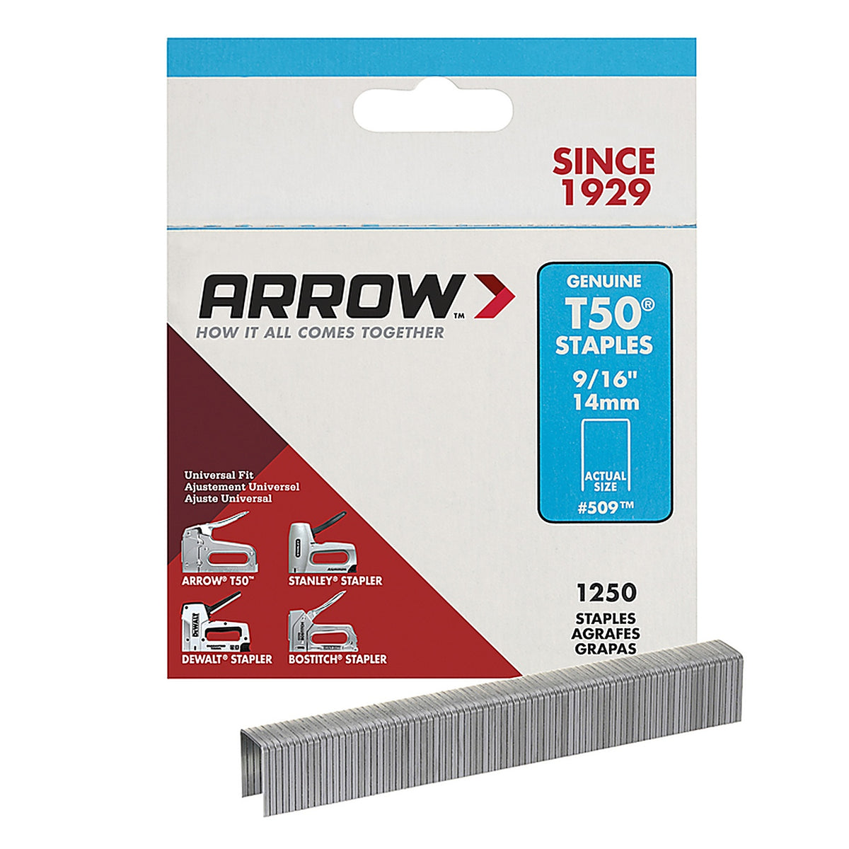 Arrow Fastener 50924 T50 3/8 in. W x 9/16 in. L 18 Ga. Flat Crown Heavy Duty Staples 1250/Pack