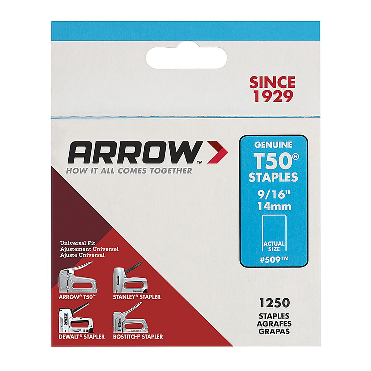 Arrow Fastener 50924 T50 3/8 in. W x 9/16 in. L 18 Ga. Flat Crown Heavy Duty Staples 1250/Pack
