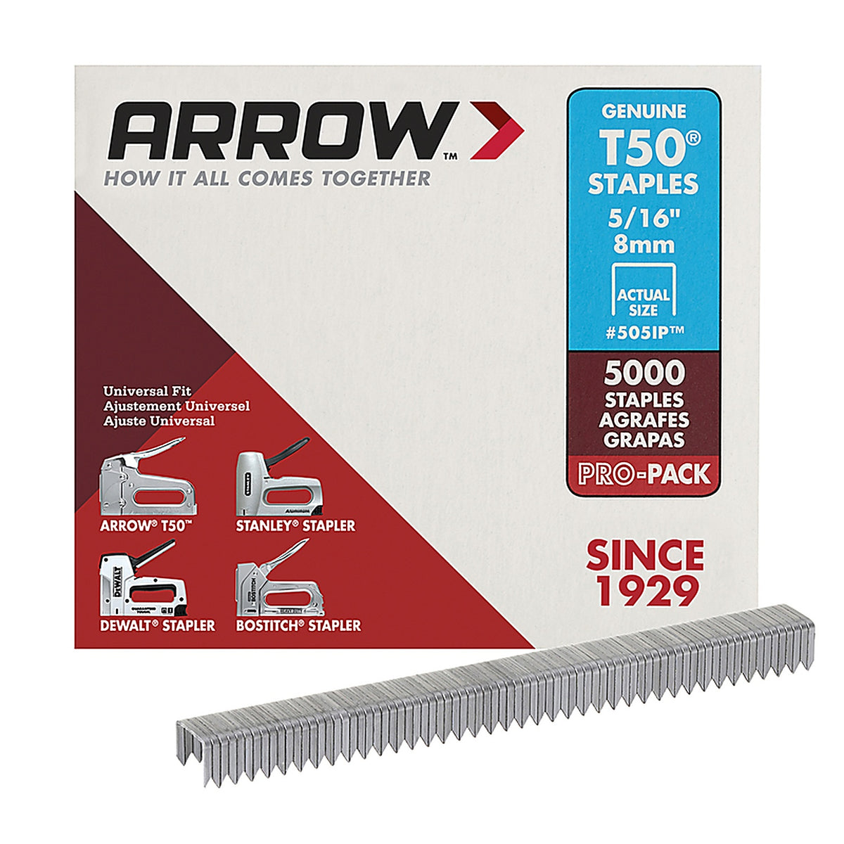 Arrow Fastener 505IP T50 3/8 in. W x 5/16 in. L 18 Ga. Flat Crown Heavy Duty Staples 5000/Pack
