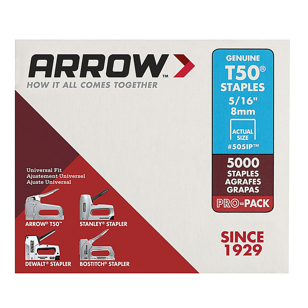Arrow Fastener 505IP T50 3/8 in. W x 5/16 in. L 18 Ga. Flat Crown Heavy Duty Staples 5000/Pack