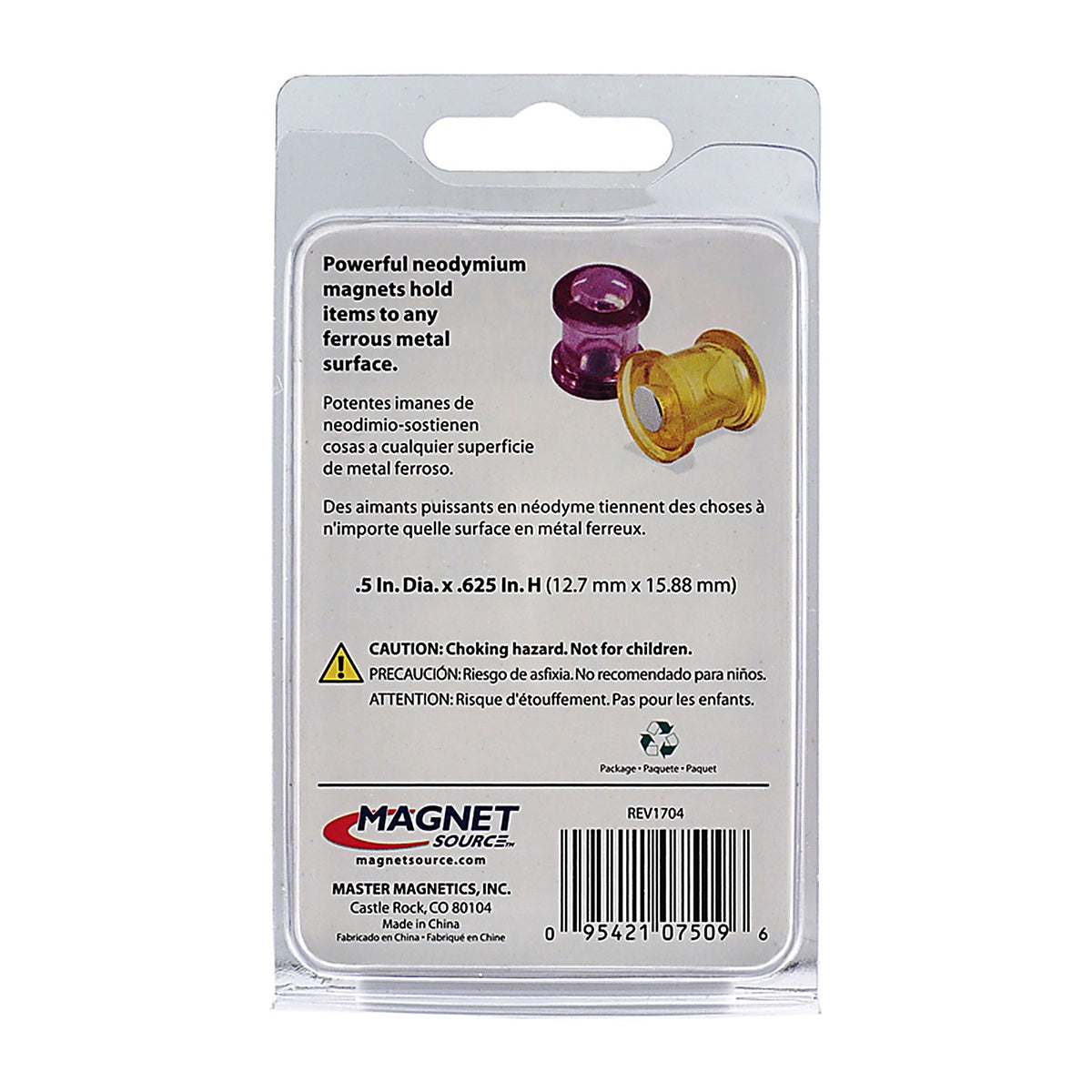 Master Magnetics 7509 .625 in. Neodymium/Plastic Magnetic Push Pins 35 MGOe Assorted 10/pc.