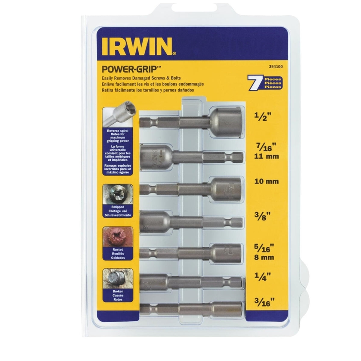 Irwin 394100 POWER-GRIP 1/2 in. High Carbon Steel Double-Ended Screw Extractor Set 4 in. 7/pc.