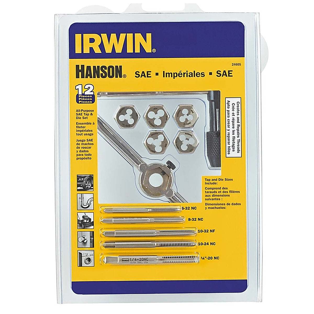 Irwin 24605 Hanson High Carbon Steel SAE Tap and Die Set 6-32NC, 8-32NC, 10-24NC, 10-32NF, 1/4-20NC 12/pc.