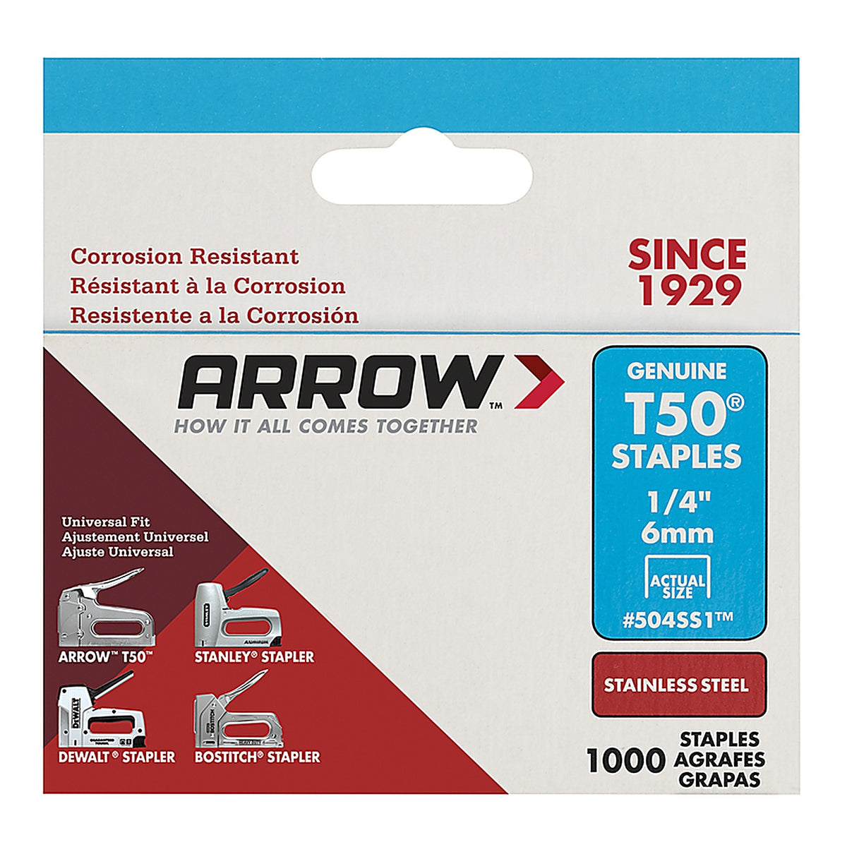 Arrow Fastener 504SS1 T50 3/8 in. W x 1/4 in. L 18 Ga. Flat Crown Heavy Duty Staples 1000/Pack