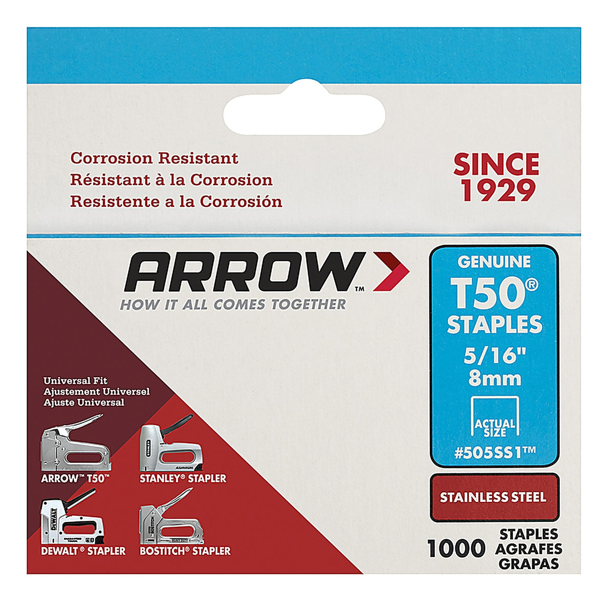 Arrow Fastener 505SS1 T50 3/8 in. W x 5/16 in. L 18 Ga. Flat Crown Heavy Duty Staples 1000/Pack
