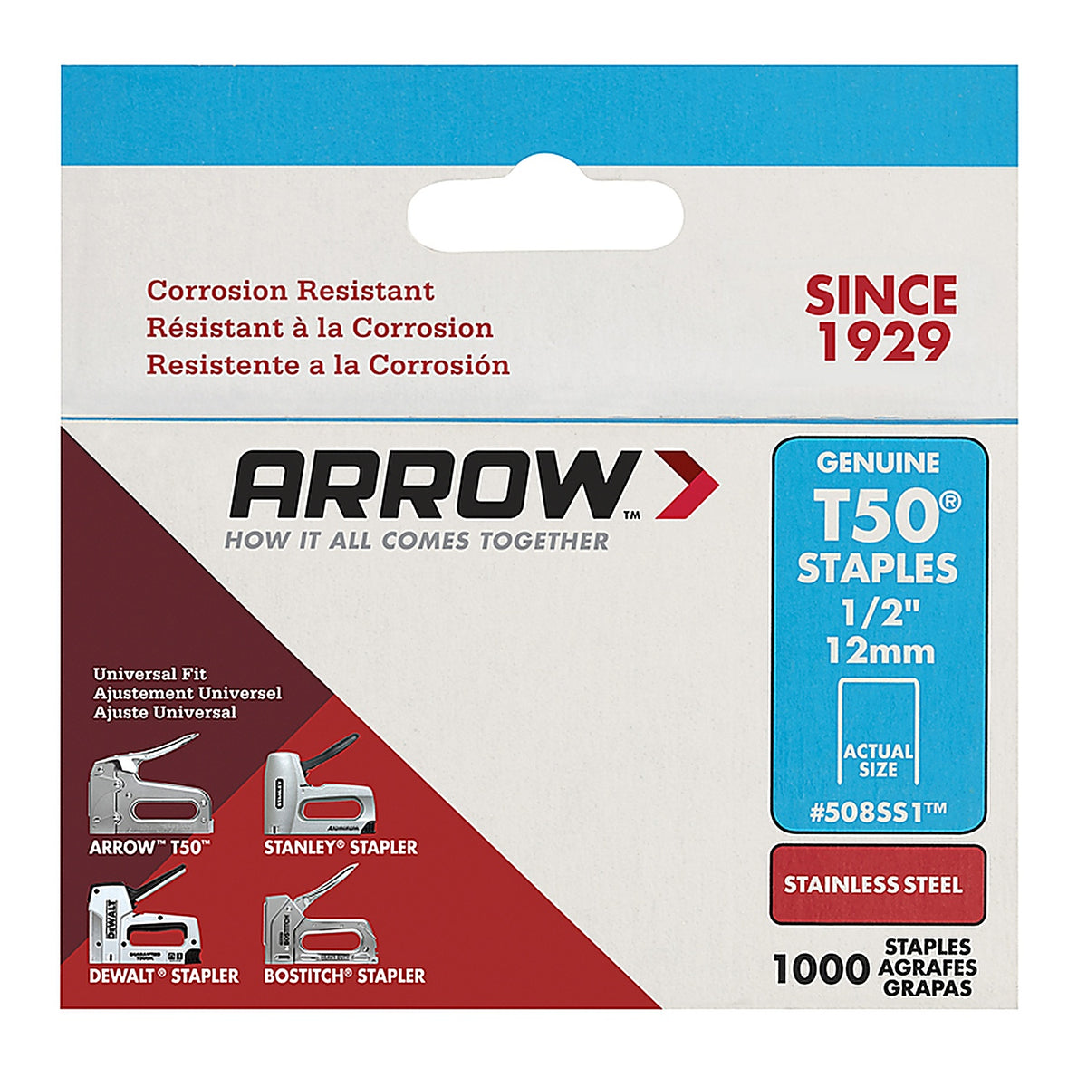 Arrow Fastener 508SS1 T50 3/8 in. W x 1/2 in. L 18 Ga. Flat Crown Heavy Duty Staples 1000/Pack