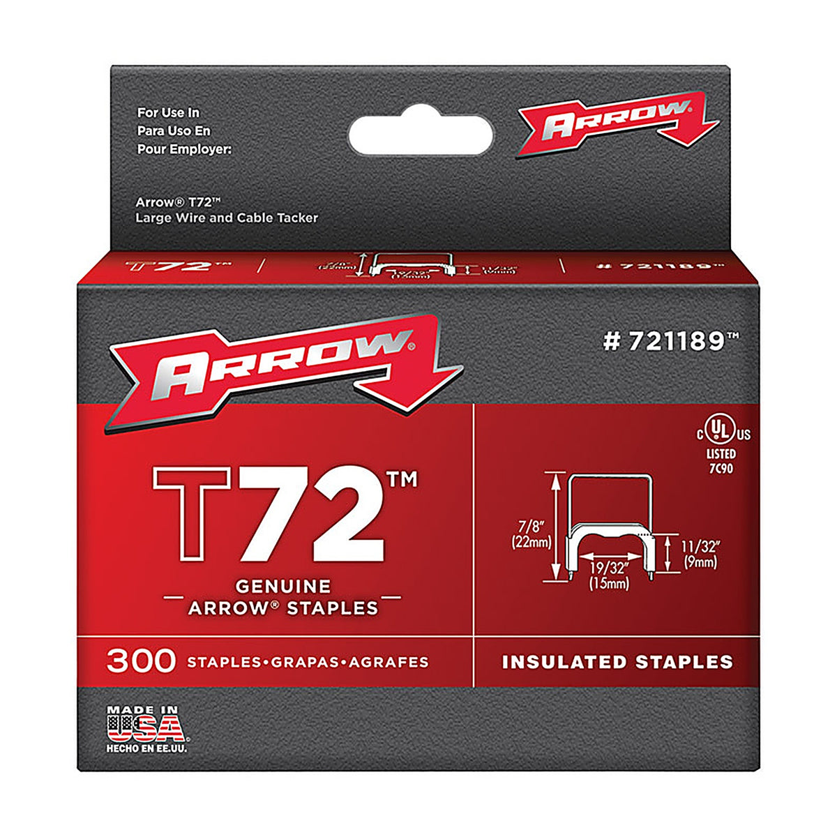 Arrow Fastener 721189 T72 3/4 in. W x 7/8 in. L 15 Ga. Wide Crown Insulated Staples 300/Pack