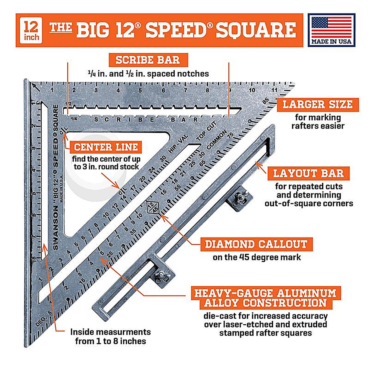 Swanson S0107 Speedlite 12 in. L x 1 in. H Aluminum Speed Square Silver