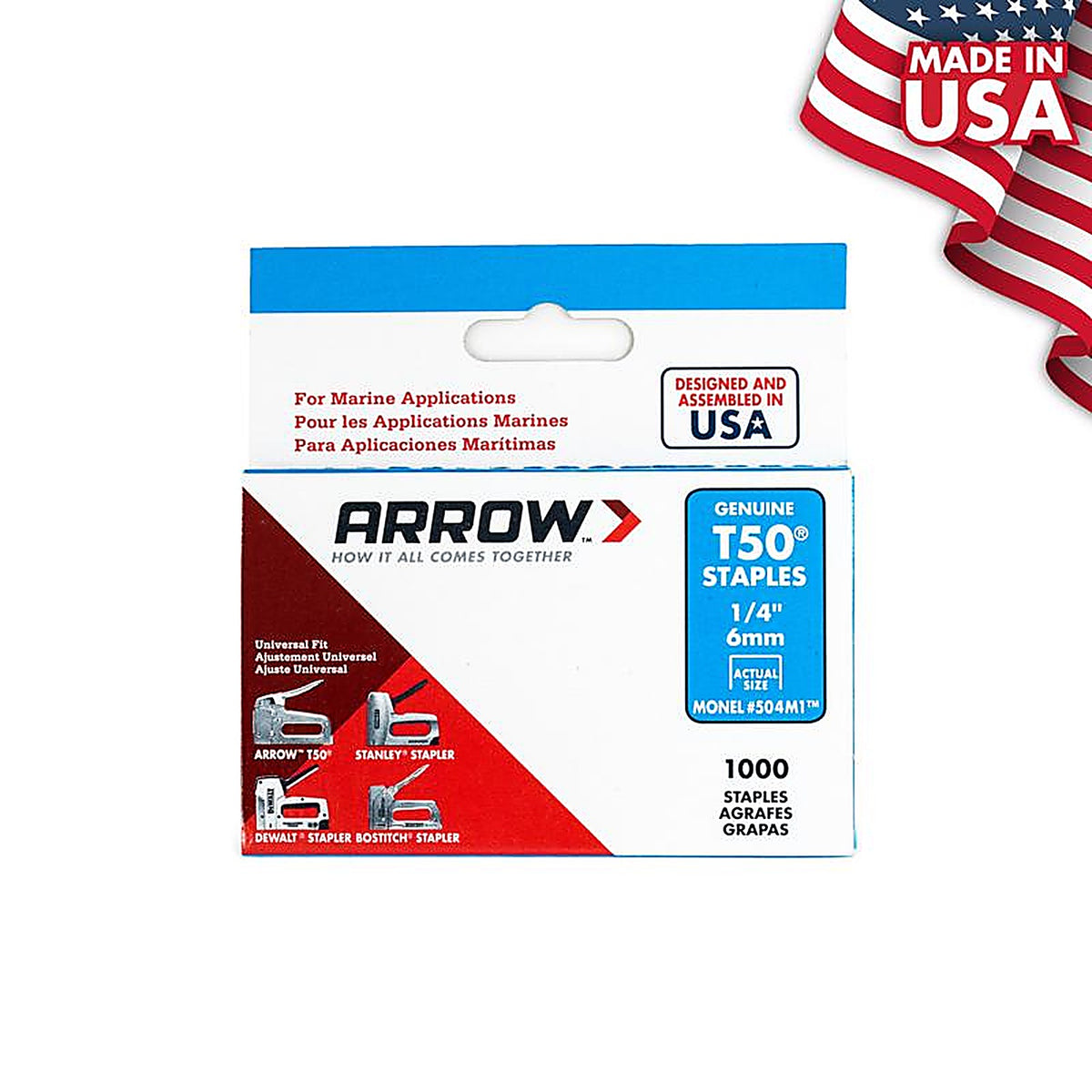 Arrow Fastener 504M1 Monel T50 3/8 in. W x 1/4 in. L Flat Crown Heavy Duty Staples 1000/Pack