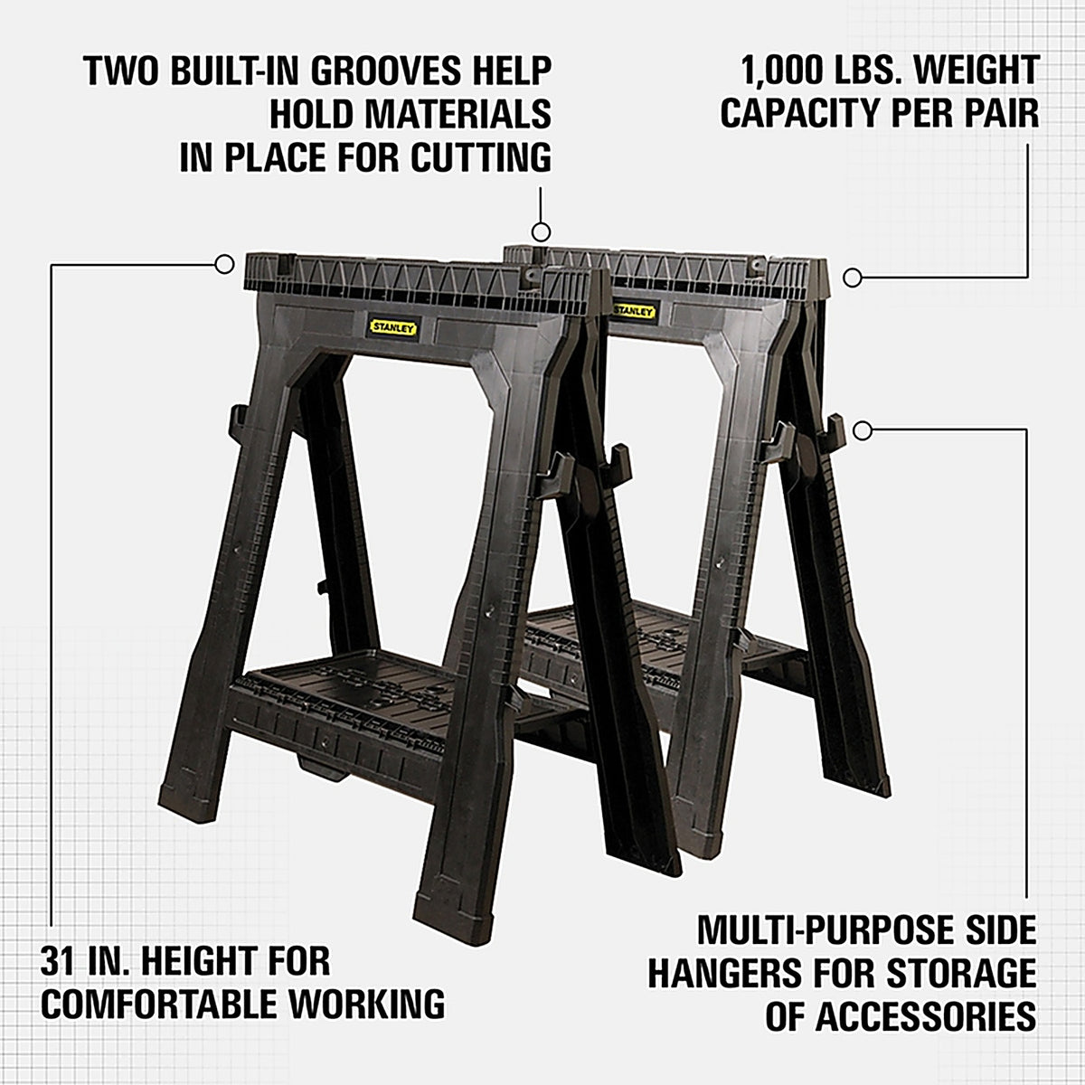 Stanley 060864R 32 in. H x 26-7/8 in. W x 2-1/8 in. D Folding Sawhorse 1000 lb. capacity Black 1/Pack