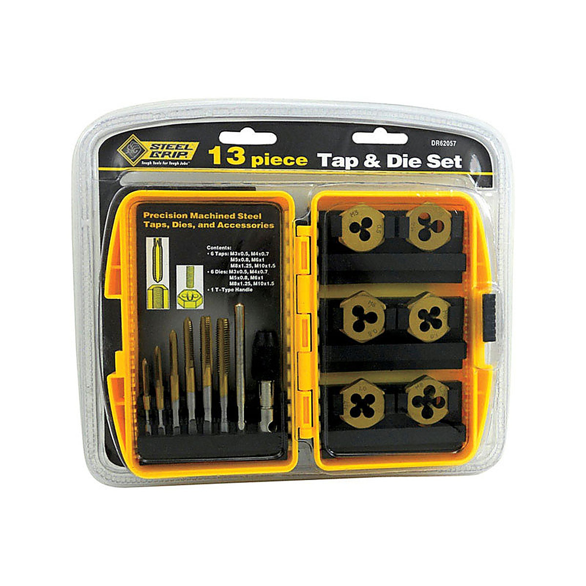 Steel Grip DR62057MM Steel Metric Tap and Die Set M3-1/2, M4-3/4, M5-13/16, M6-1, M7-1 13/pc.