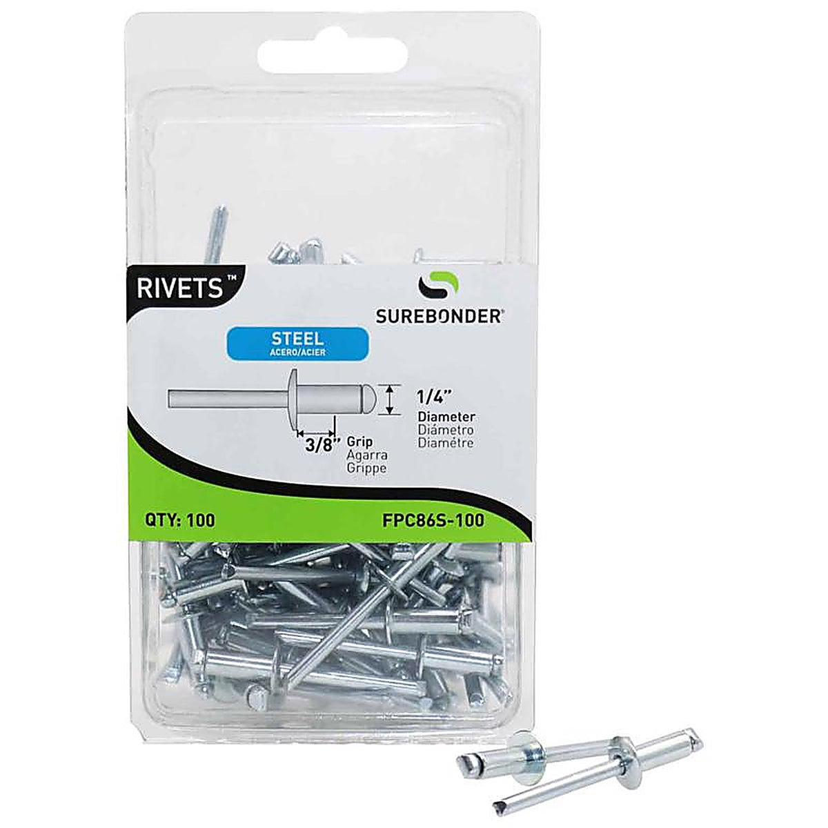 Surebonder FPC86S-100 1/4 in. Dia. x 1/4 in. Steel Rivets Silver 100/Pack
