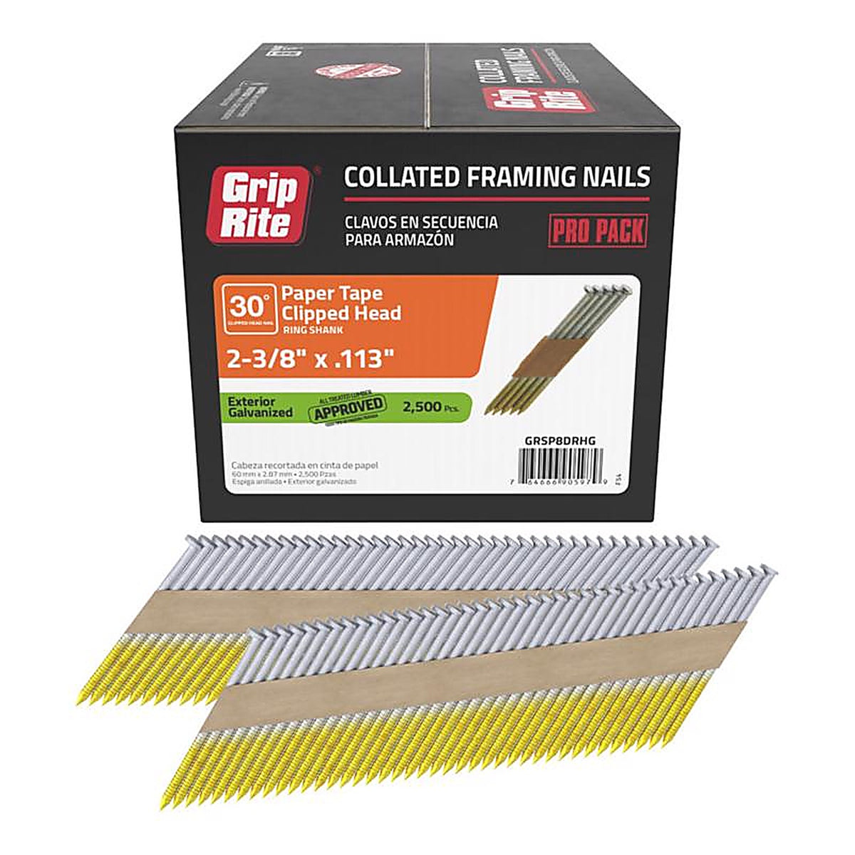 Grip-Rite GRSP8DRHG 2-3/8 in. Angled Strip Framing Nails 30 deg. Ring Shank 2500/Pack