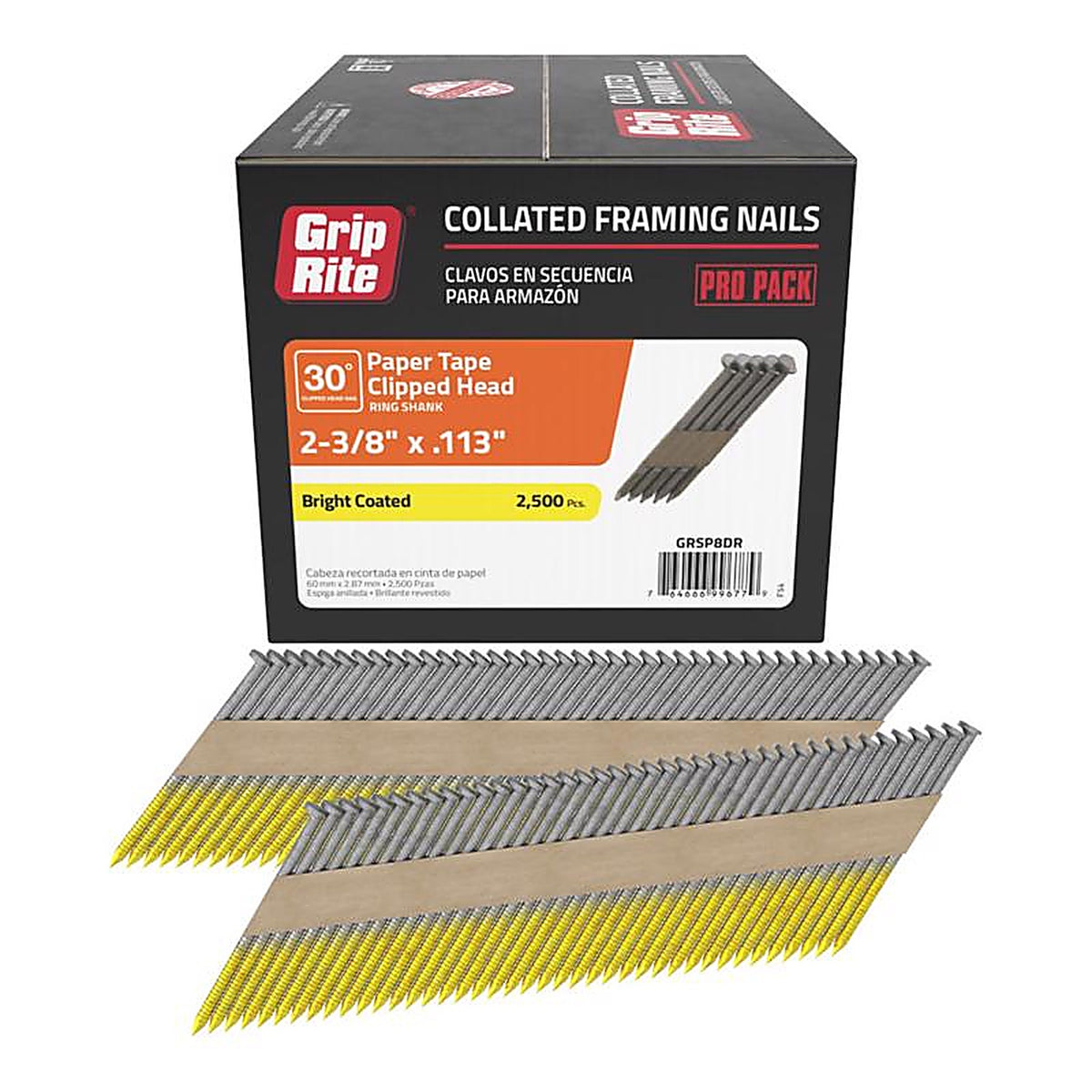 Grip-Rite GRSP8DR 2-3/8 in. Angled Strip Framing Nails 30 deg. Ring Shank 2500/Pack