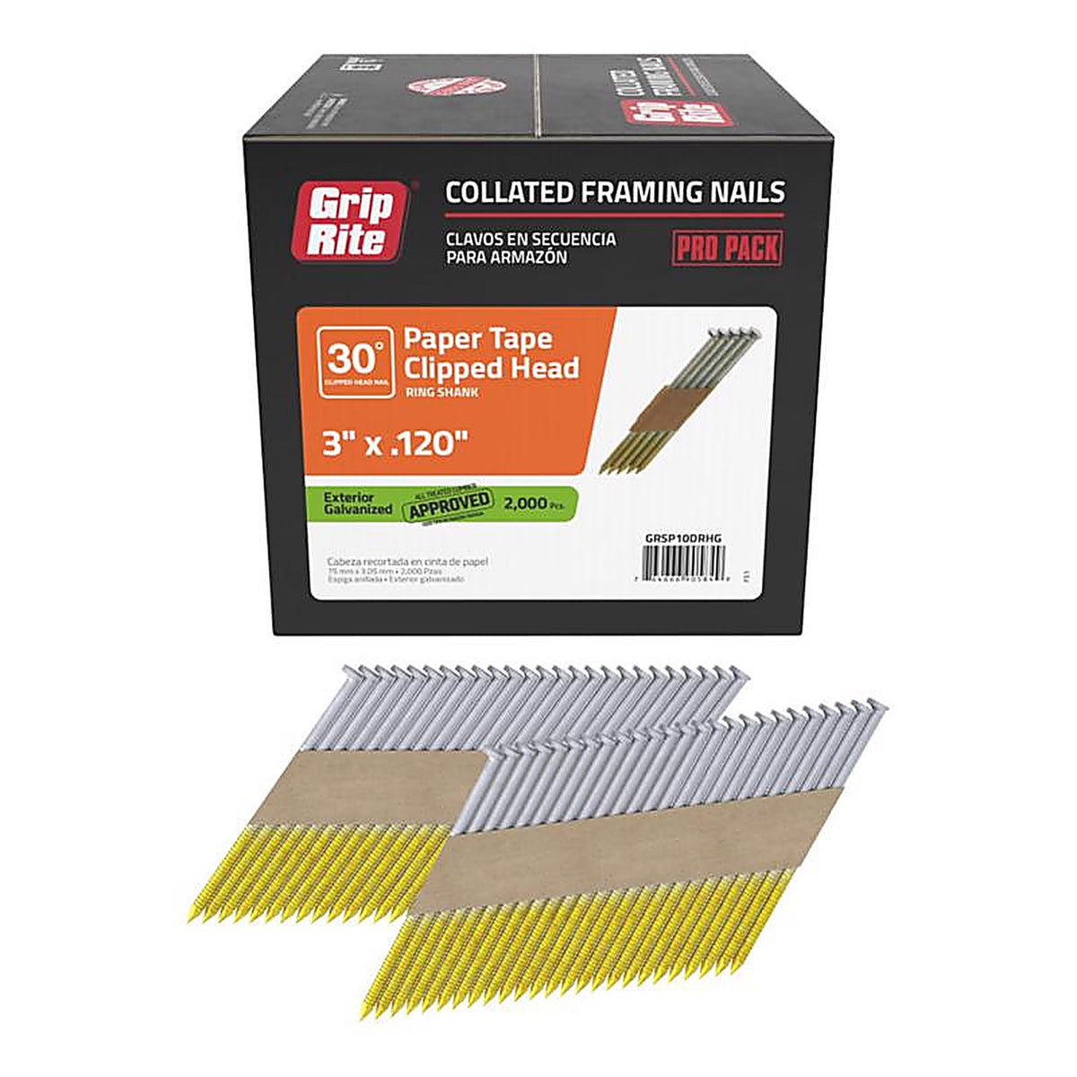 Grip-Rite GRSP10DRHG 3 in. Angled Strip Framing Nails 30 deg. Ring Shank 2000/Pack