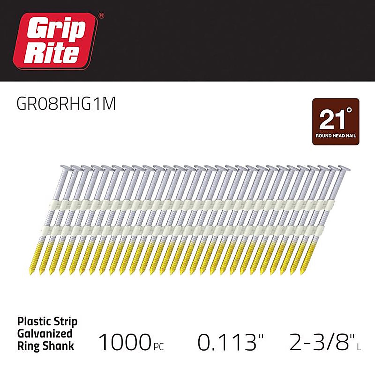 Grip-Rite GR08RHG1M 2-3/8 in. 12 Ga. Angled Strip Framing Nails 21 deg. Ring Shank 1000/Pack