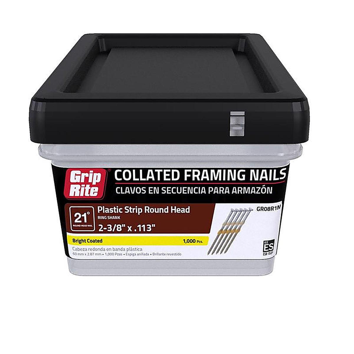 Grip-Rite GR08R1M 2-3/8 in. 12 Ga. Angled Strip Framing Nails 21 deg. Ring Shank 1000/Pack