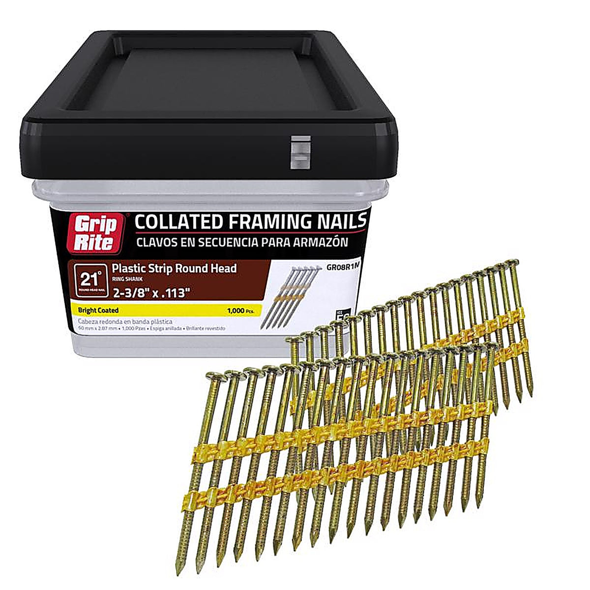 Grip-Rite GR08R1M 2-3/8 in. 12 Ga. Angled Strip Framing Nails 21 deg. Ring Shank 1000/Pack